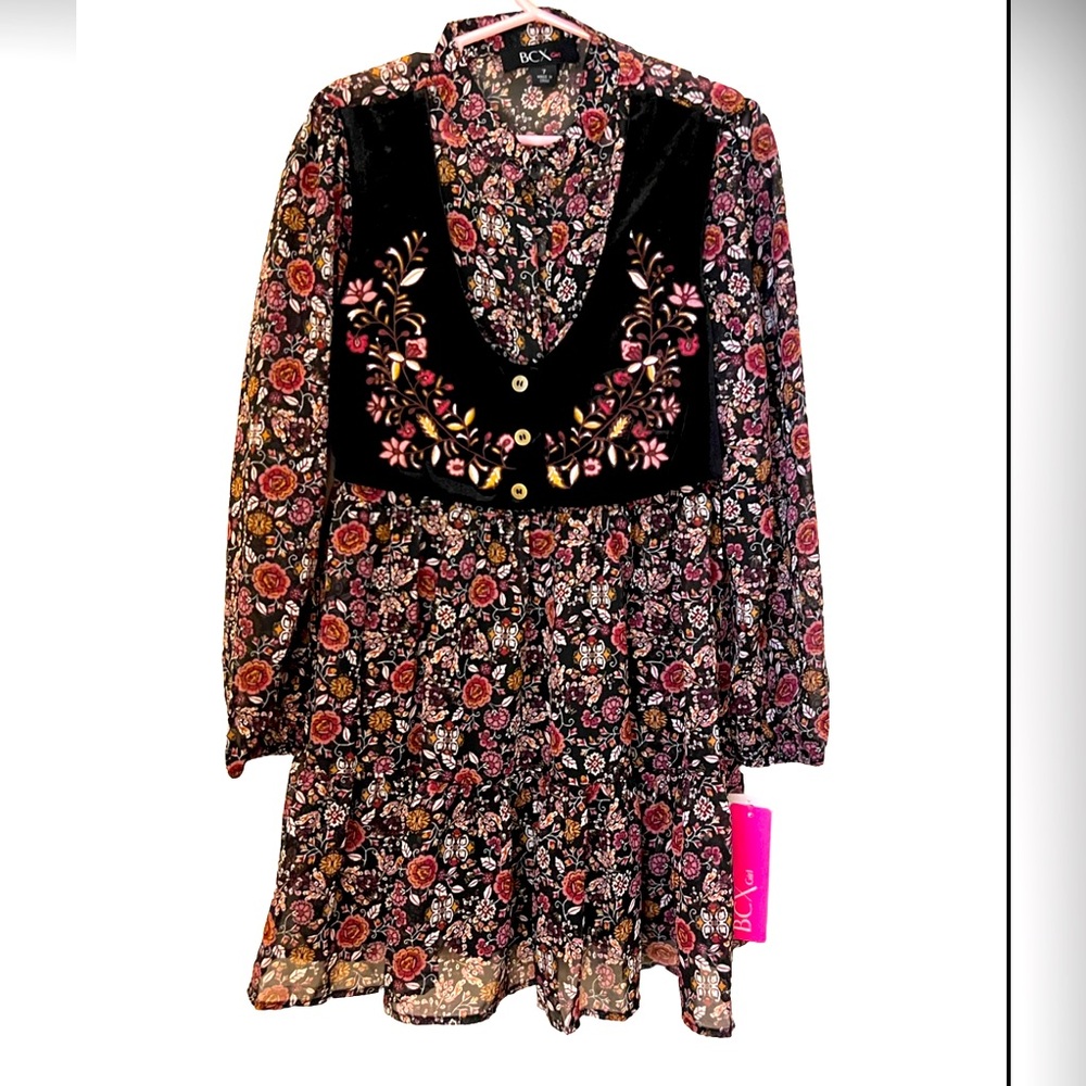 GIRLS FLOWERY DRESS WITH EMBROIDERED VELVET VEST
